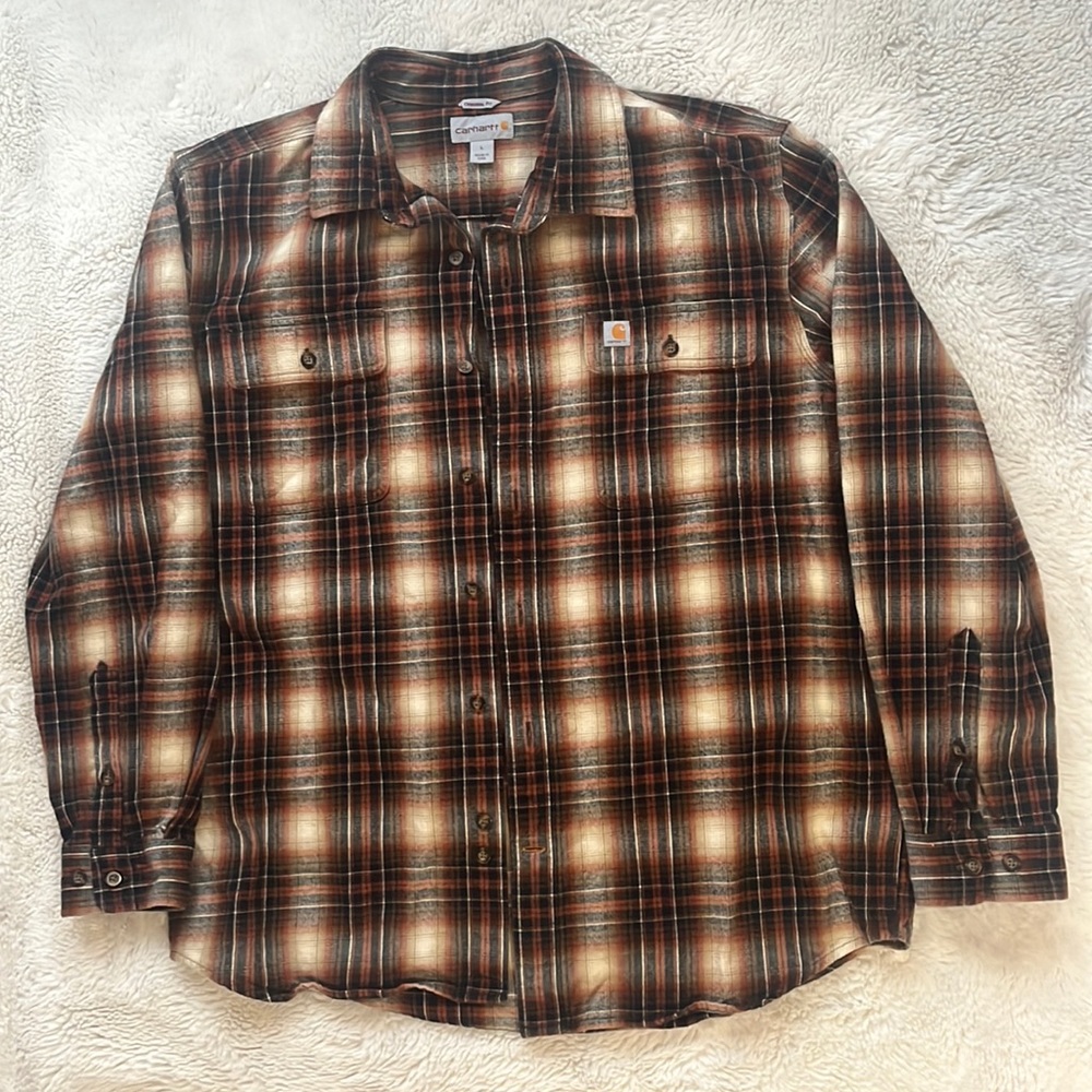 Men’s Carhart Large, Original Fit, Long Sleeve Button Up. Brown and Black Plaid